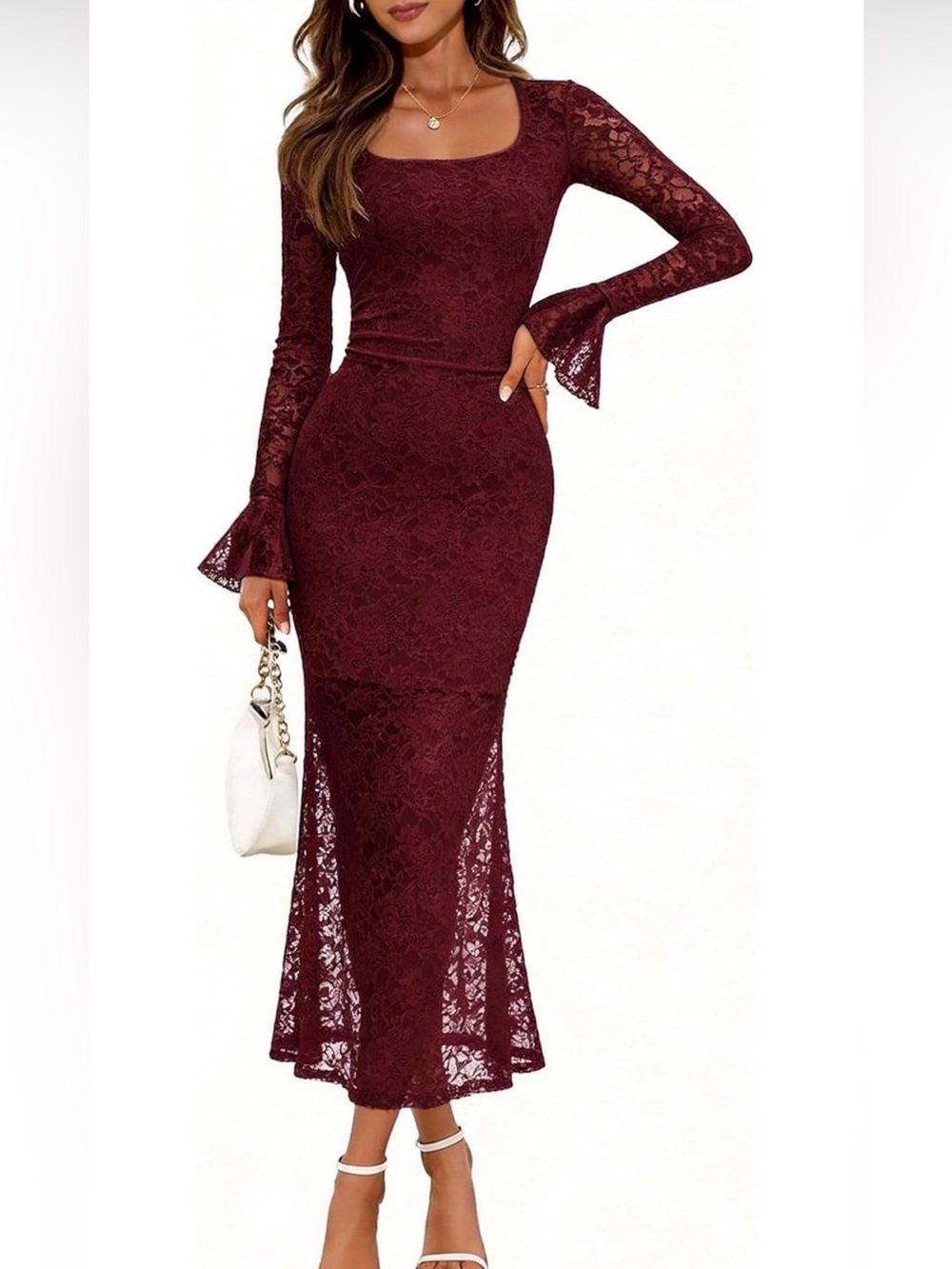 Elegant Burgundy Lace Long Sleeve Mermaid Dress
